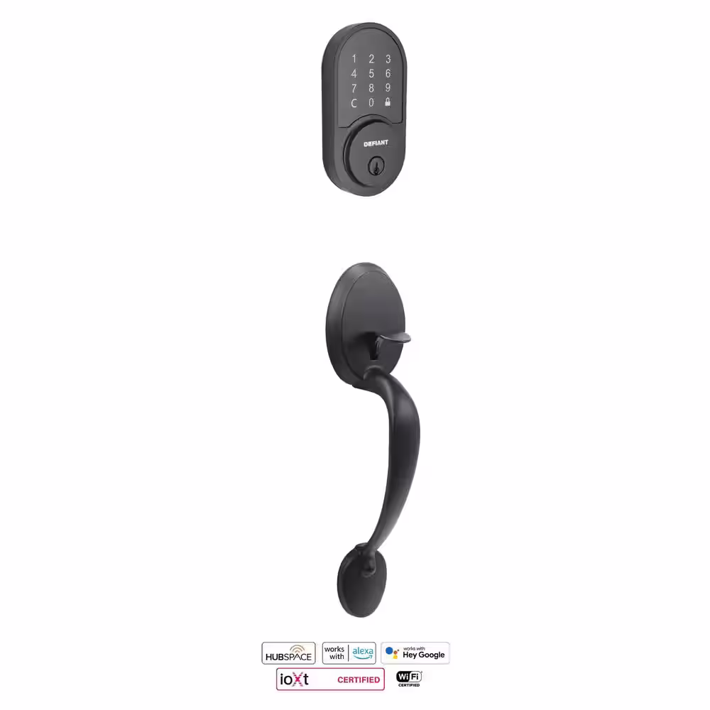 Wilmington Matte Black Door Handleset with Round Smart Hubspace WiFi Deadbolt and Hartford Interior