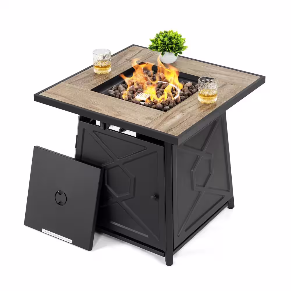 Garden 28 in. Square Metal Outdoor Propane Fire Pit Table with PVC Cover and Lava Rocks 50 000 BTU