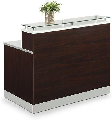 Signature Series Esquire Reception Desk Glass Top Mahogany Silver Laminate Desk