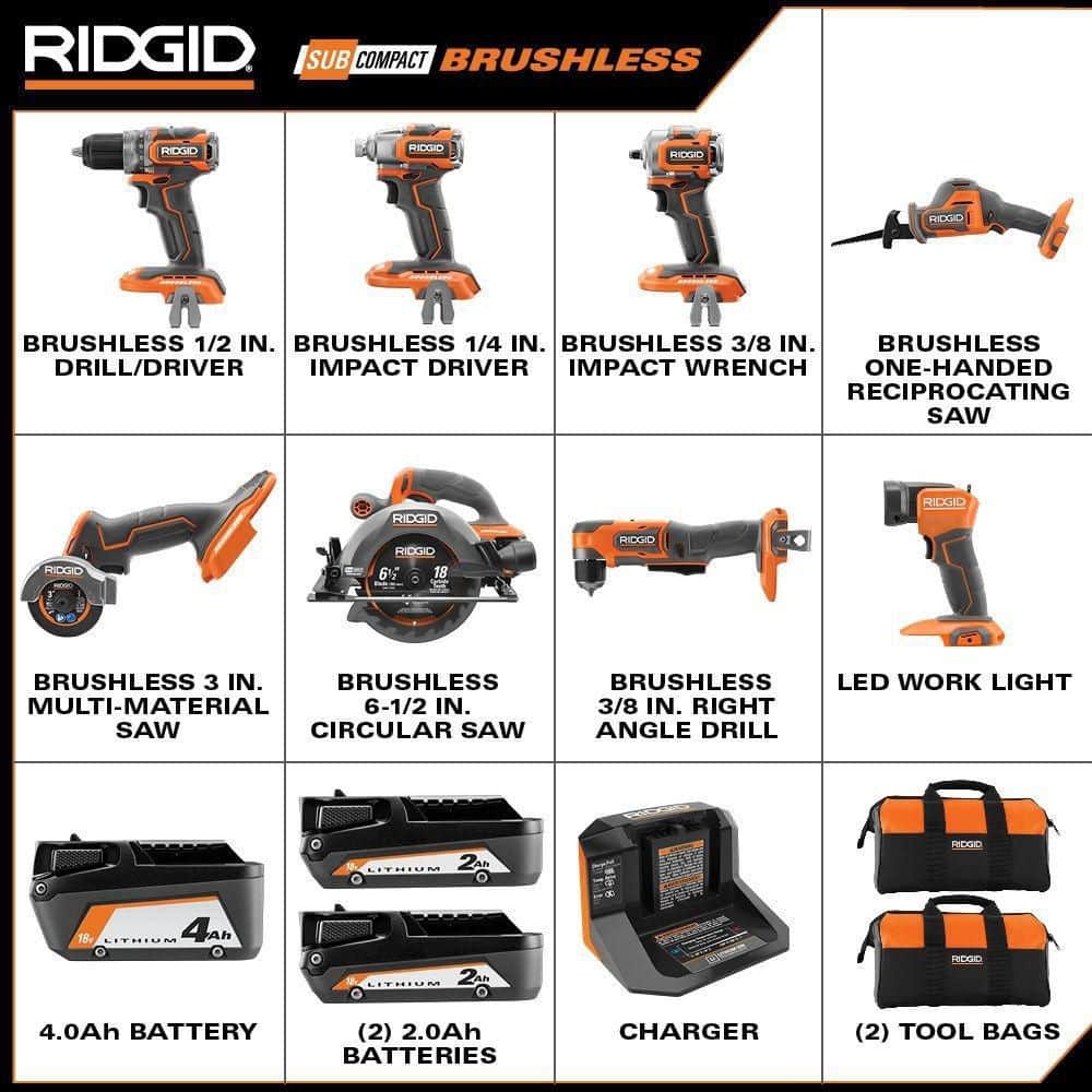 18V SubCompact Brushless Cordless 8 Tool Combo Kit with (2) 2.0 Ah Batteries 4.0 Ah Battery Charger and Bag
