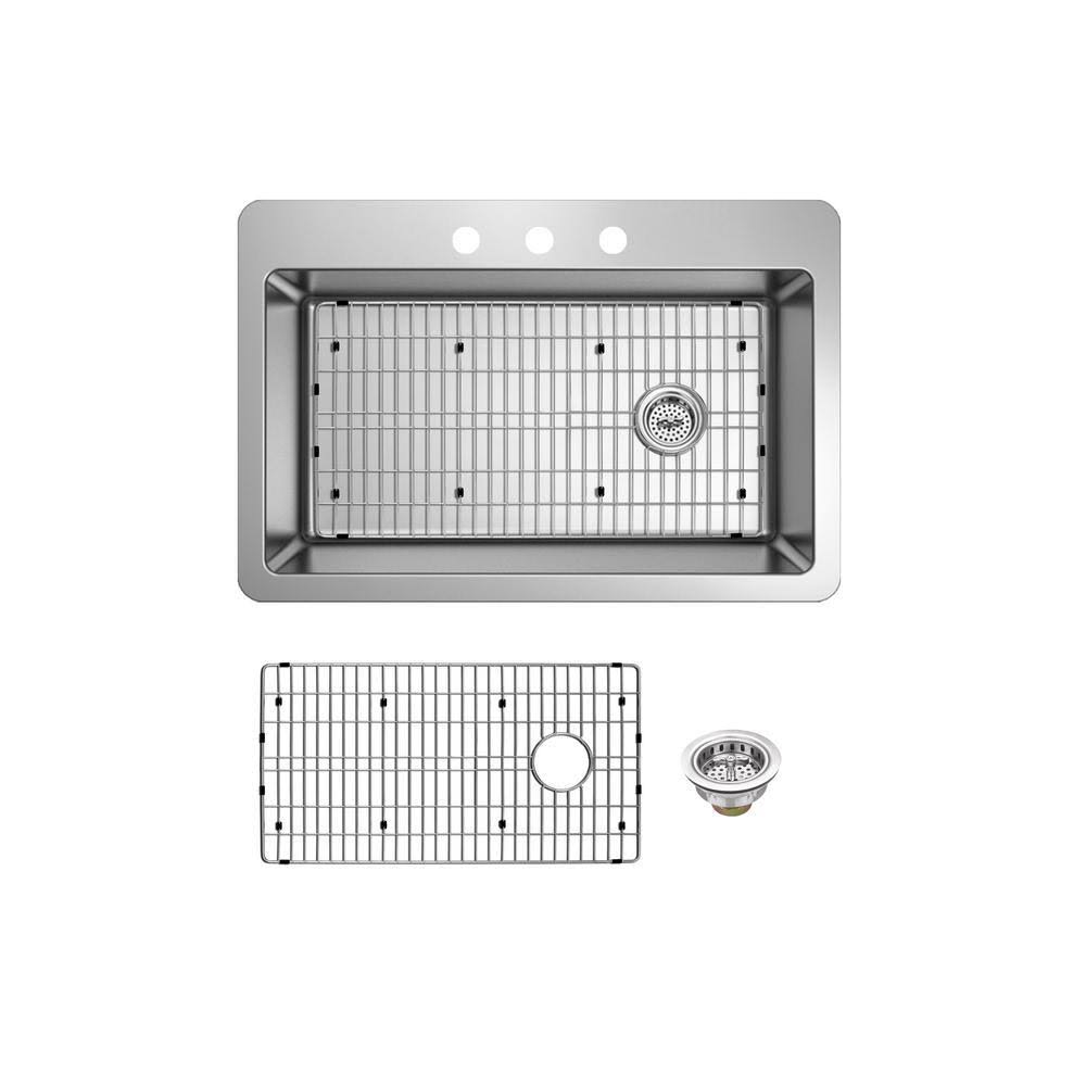 Sink Company Stainless Steel 33 in. 18 Gauge Single Bowl Dual Mount Kitchen Sink with Grid and Drain ASSEMBLY Brushed