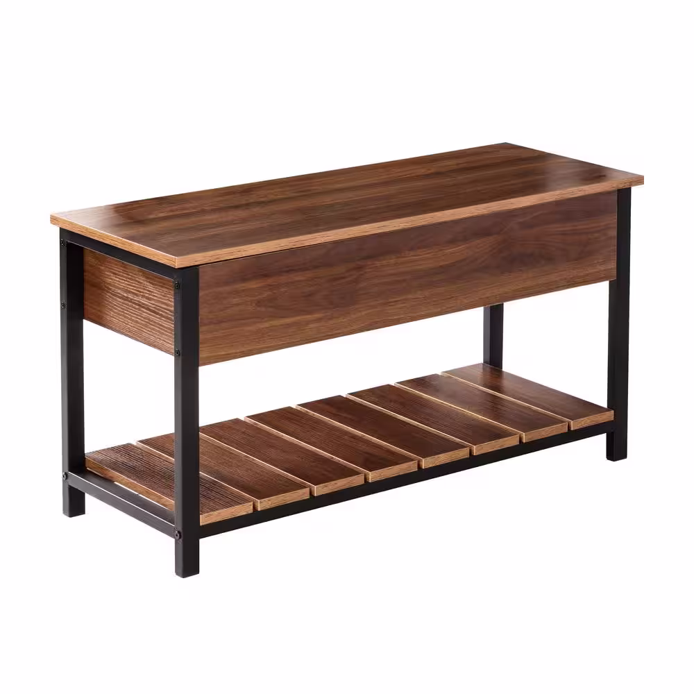 18 in. H x 35.43 in. W Walnut Entryway Particle Board and Steel Shoe Storage