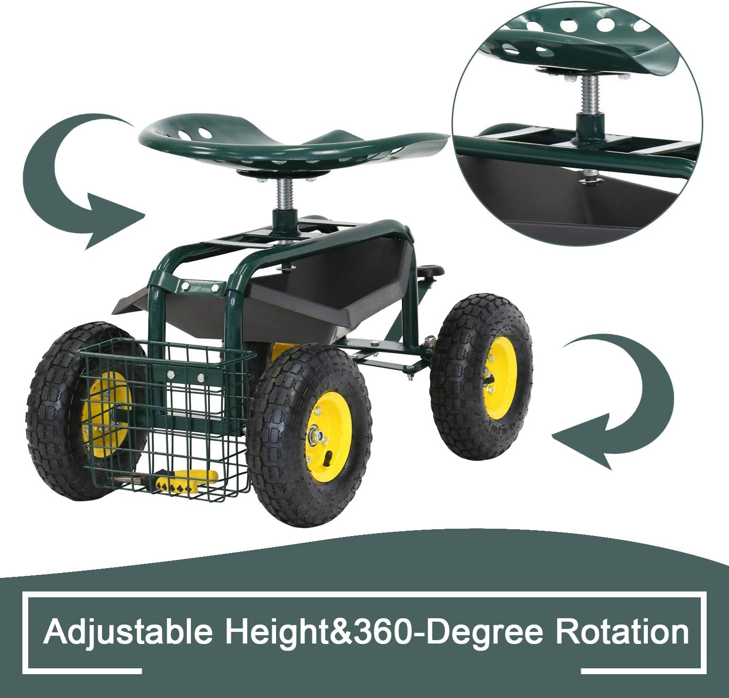 Garden Cart Rolling Wagon Scooter for Planting Swivel Work Seat with Tool Storage Utility