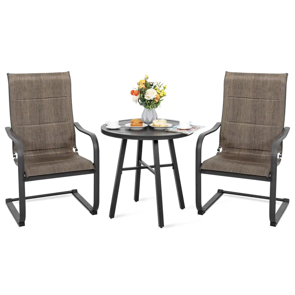 Garden 3 Piece Metal Patio Outdoor Bistro Set with Round Table and Padded Dining Chairs in