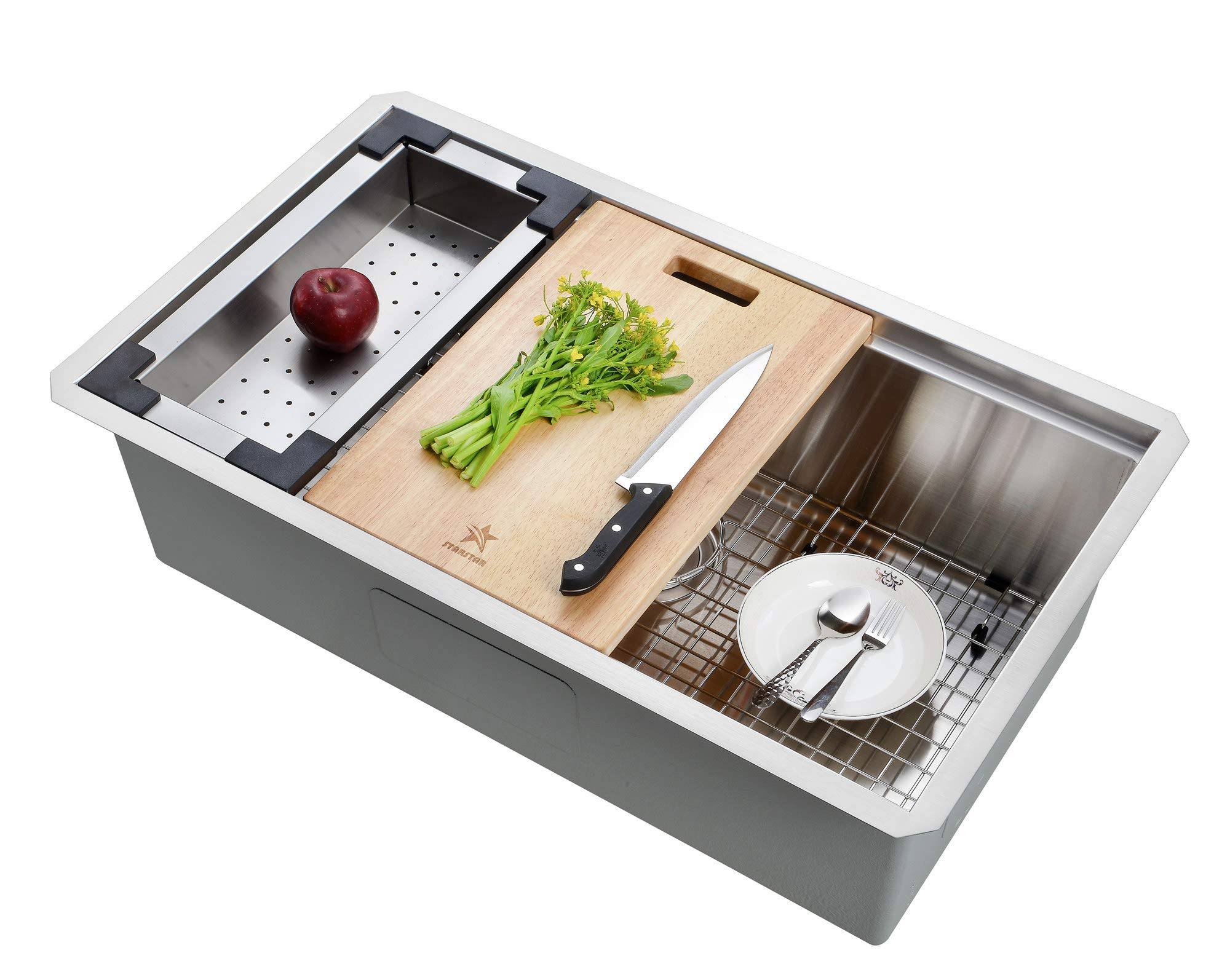 Workstation Ledge Undermount Single Bowl 304 Stainless Steel Kitchen Sink with Grid Colander Cutting Board (30 x