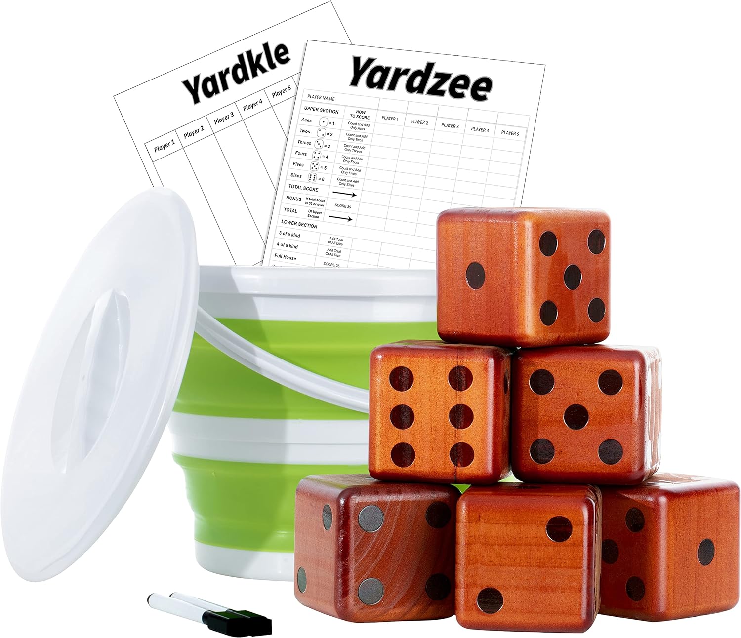 Wooden Yard Dice Set of 6 Yardzee and Yardkle Outdoor Games for Adults and Family Includes Bucket and