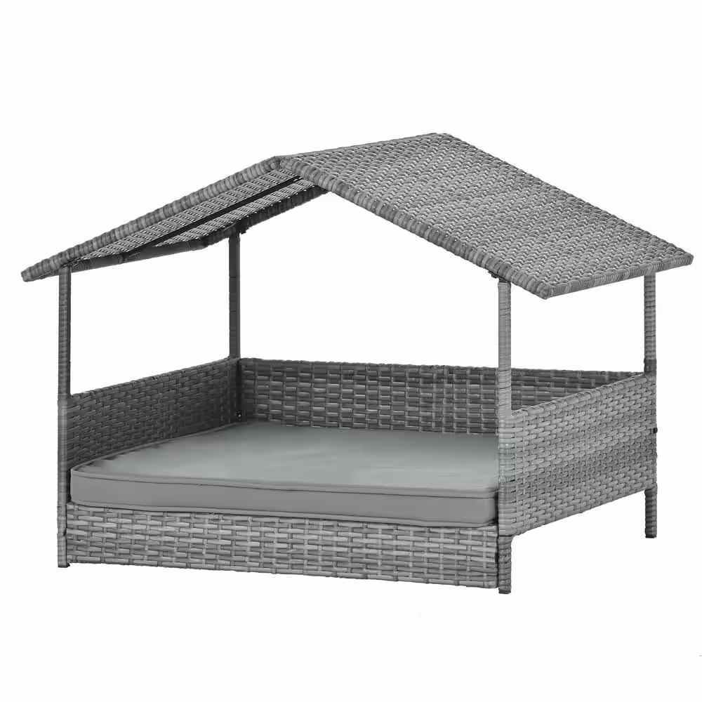 Gray Medium Outdoor Furniture Pet Patio Furniture Seasonal PE Wicker Pet Furniture Dog Bed with
