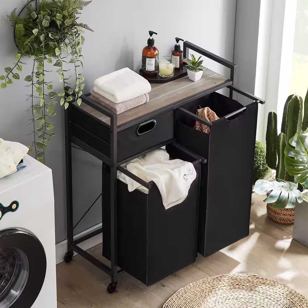 Gray 1 Drawer Particle Board Laundry Basket with Wheel or Adjustable Feet Laundry Hamper with Removable