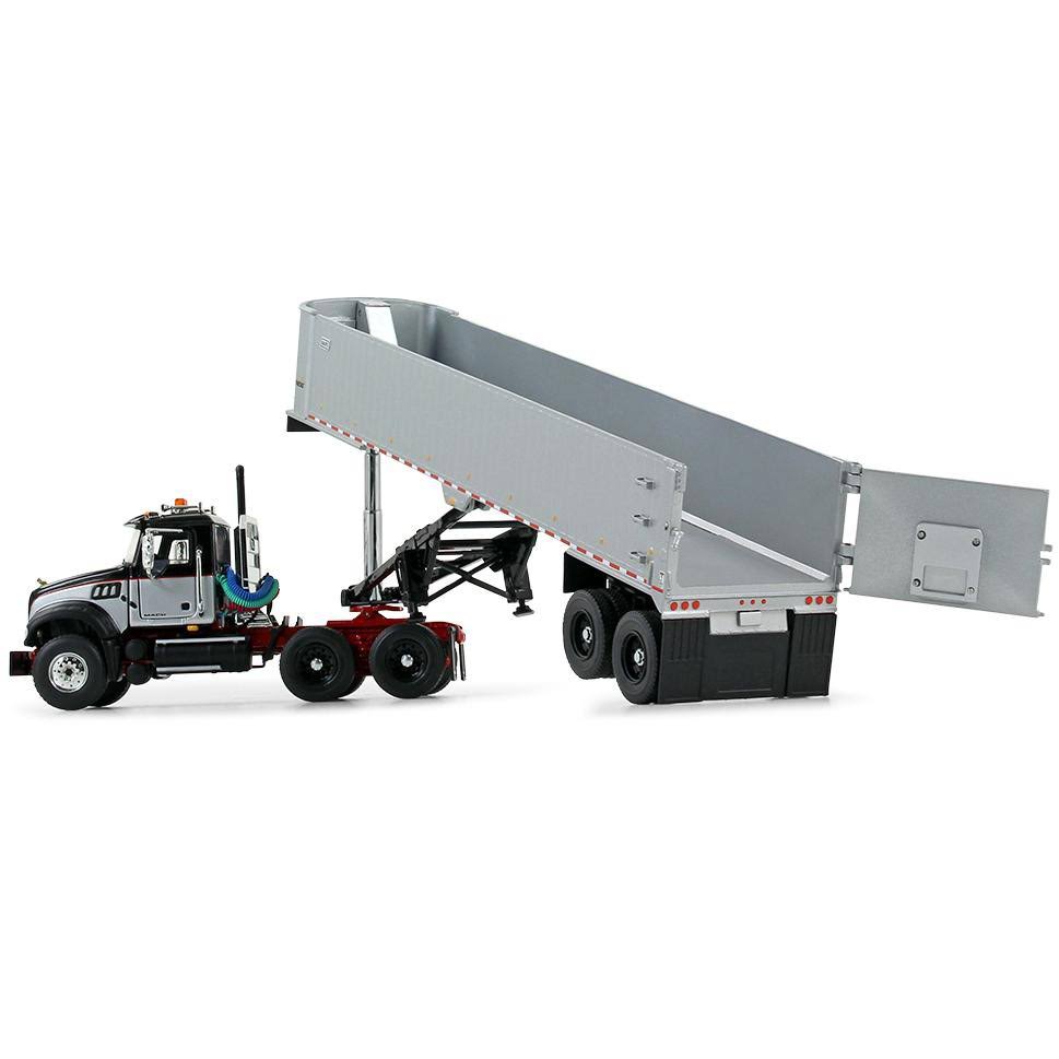 Gear Mack Granite Mp Tandem Axle Day Cab with East Genesis End Dump Trailer Black and Silver 1/50 Diecast