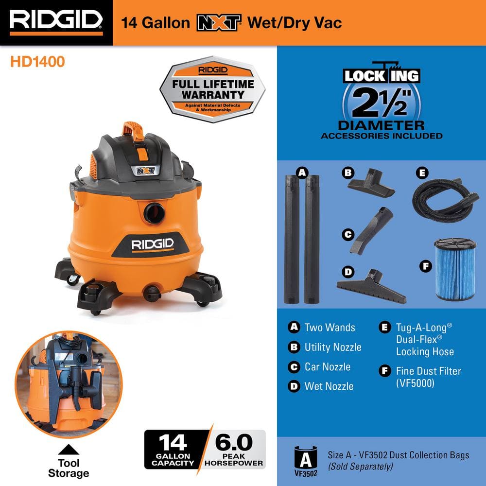 14 Gallon 6.0 Peak HP NXT Wet/Dry Shop Vacuum with Fine Dust Filter Locking Hose and Accessories