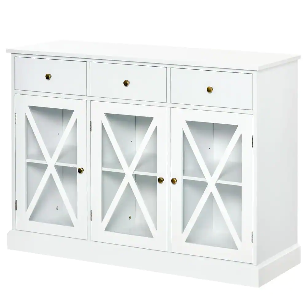 White Farmhouse Style Kitchen Sideboard Serving Buffet Storage Cabinet Cupboard with Glass Doors and