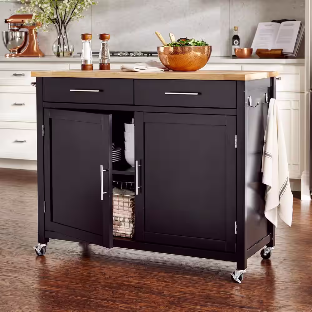 Glenville Black Rolling Kitchen Cart with Butcher Block Top and Double Drawer Storage (42 in.