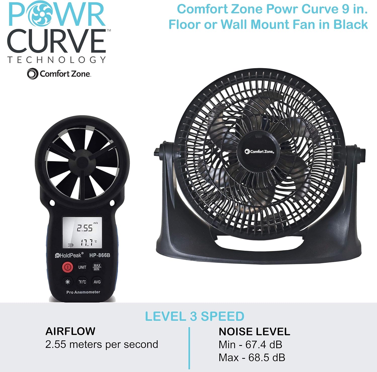 Zone PowrCurve CZHV101BS EU Floor Fan 6 Blade 3 Speed Control 180 Degree Adjustable Tilt Wall Mountable 9 inch