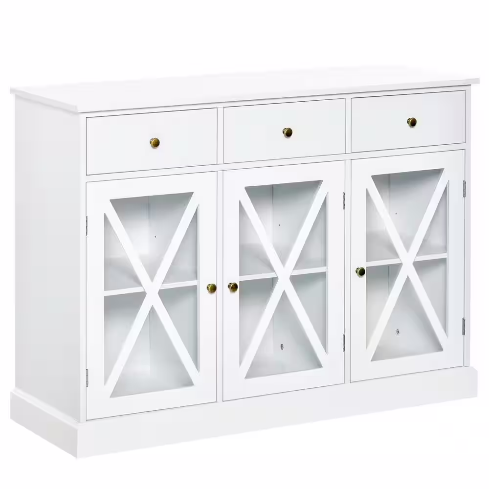 White Farmhouse Style Kitchen Sideboard Serving Buffet Storage Cabinet Cupboard with Glass Doors and
