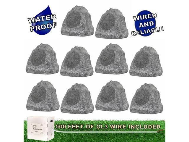 Solutions 10R6G Outdoor Granite 6.5x22 Rock 10 Speaker Set with Wire for Yard Pool Spa Patio