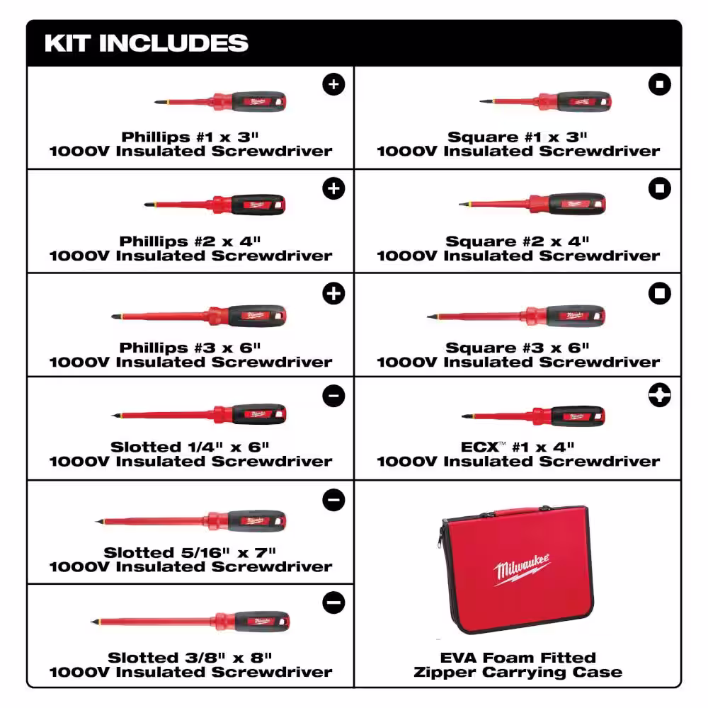 10 Piece 1000 Volt Insulated Screwdriver Set with Combination Electricians 6 in 1 Wire Strippers