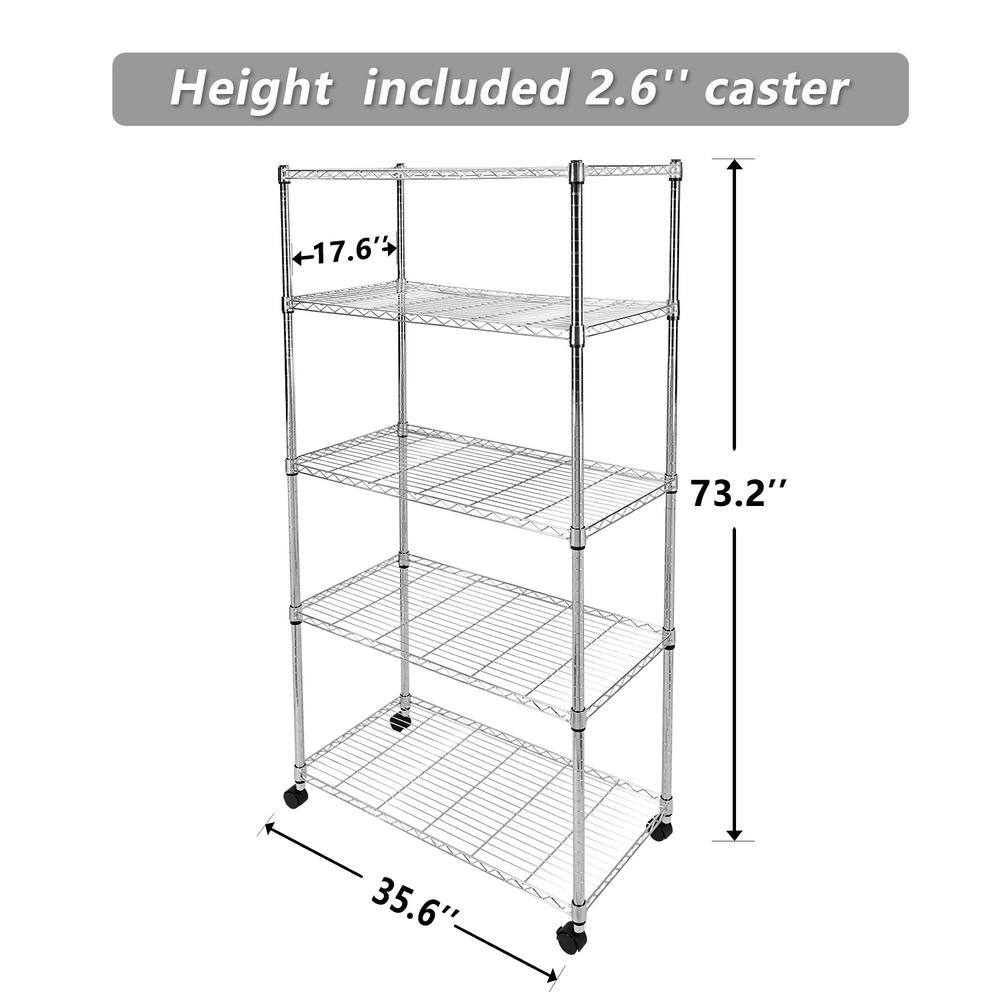 Silver 5 Tier Steel Wire Shelving Unit with wheels (35.6 in. W x 73.2 in. H x 17.6 in.