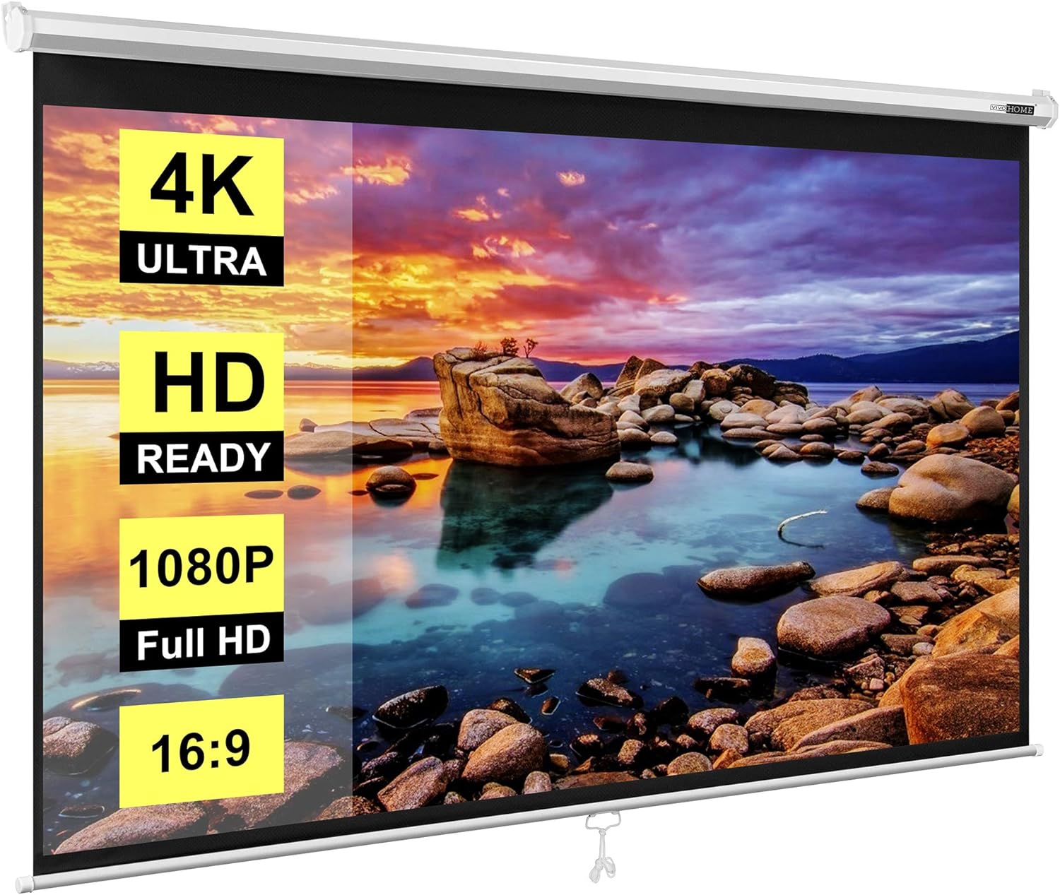120 Inch Manual Pull Down Projector Screen 1:1 HD Retractable Widescreen for Movie Home Theater Cinema Office Video