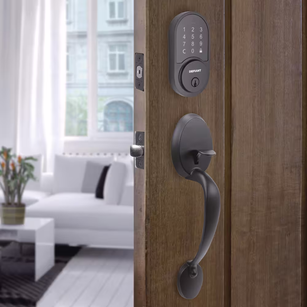 Wilmington Matte Black Door Handleset with Round Smart Hubspace WiFi Deadbolt and Hartford Interior