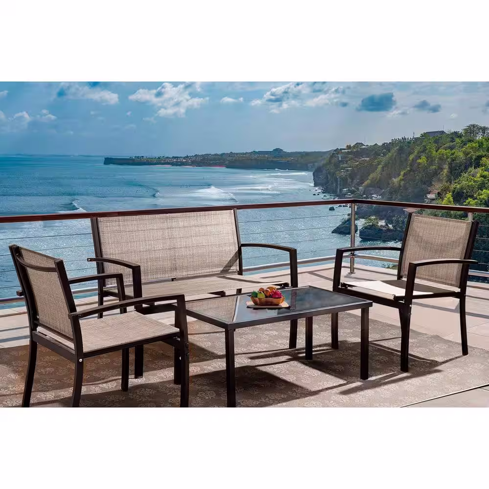Beige 4 Piece Metal Outdoor Bistro Set Patio Conversation Set Glass Coffee