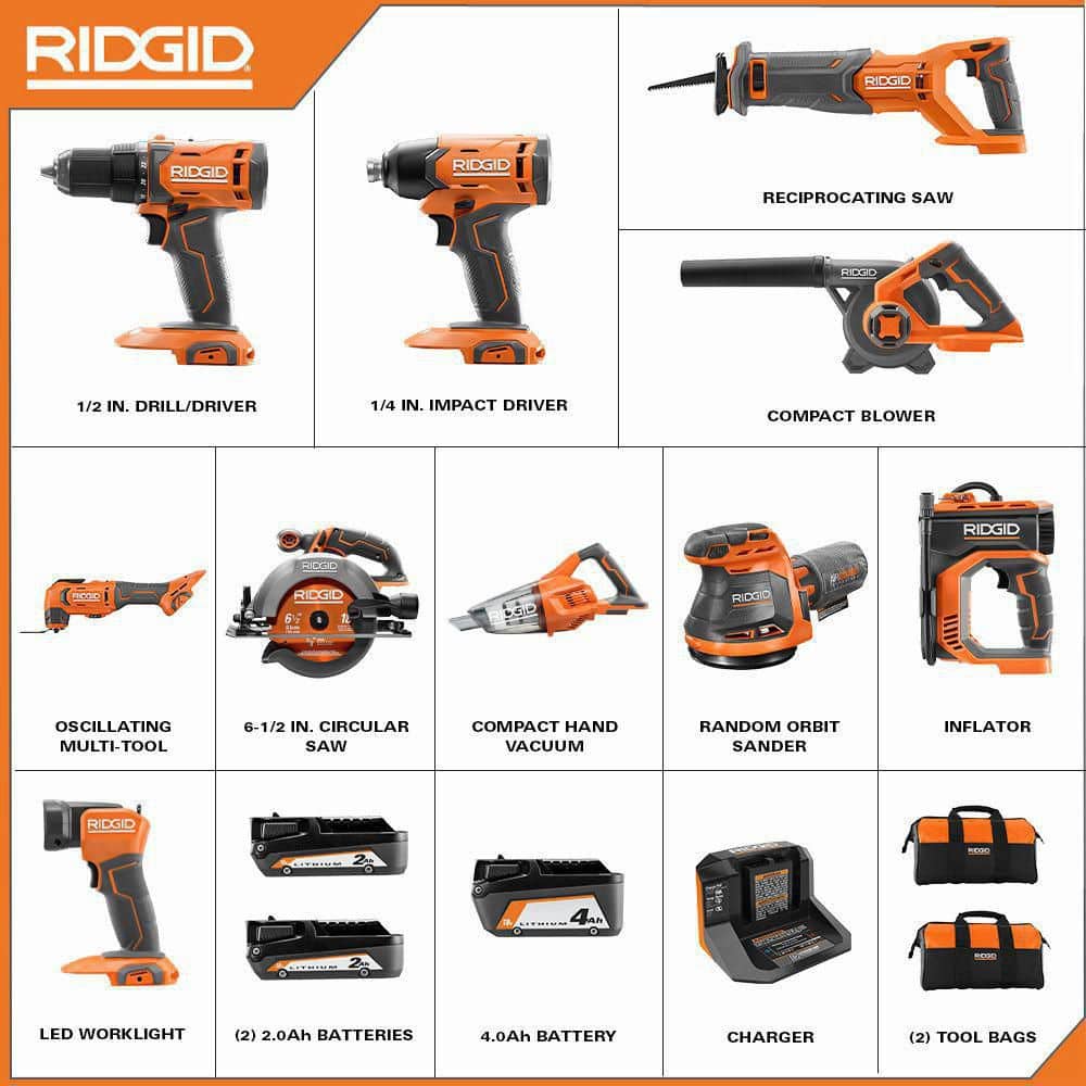 18V Cordless 10 Tool Combo Kit with (2) 2.0 Ah Battery (1) 4.0 Ah Battery Charger and Bag