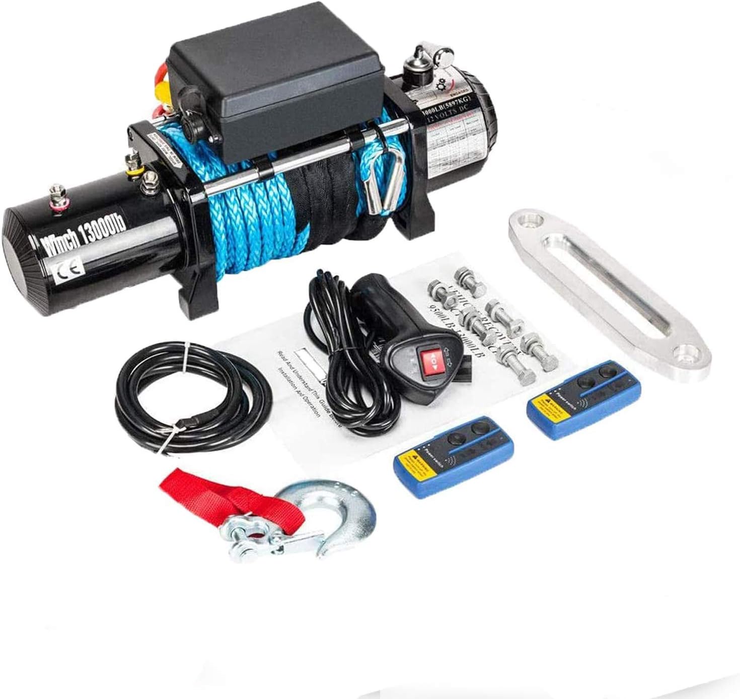 Winch 12V 13000 lbs Recovery Winch Compatible with Trailer Truck SUV ATV Synthetic Rope With Wireless Remote Control