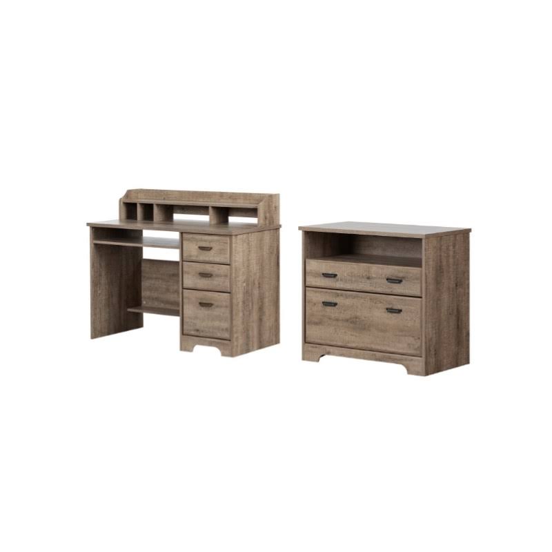 Shore Versa Desk with Hutch and 2 Drawer File Cabinet Set in Weathered