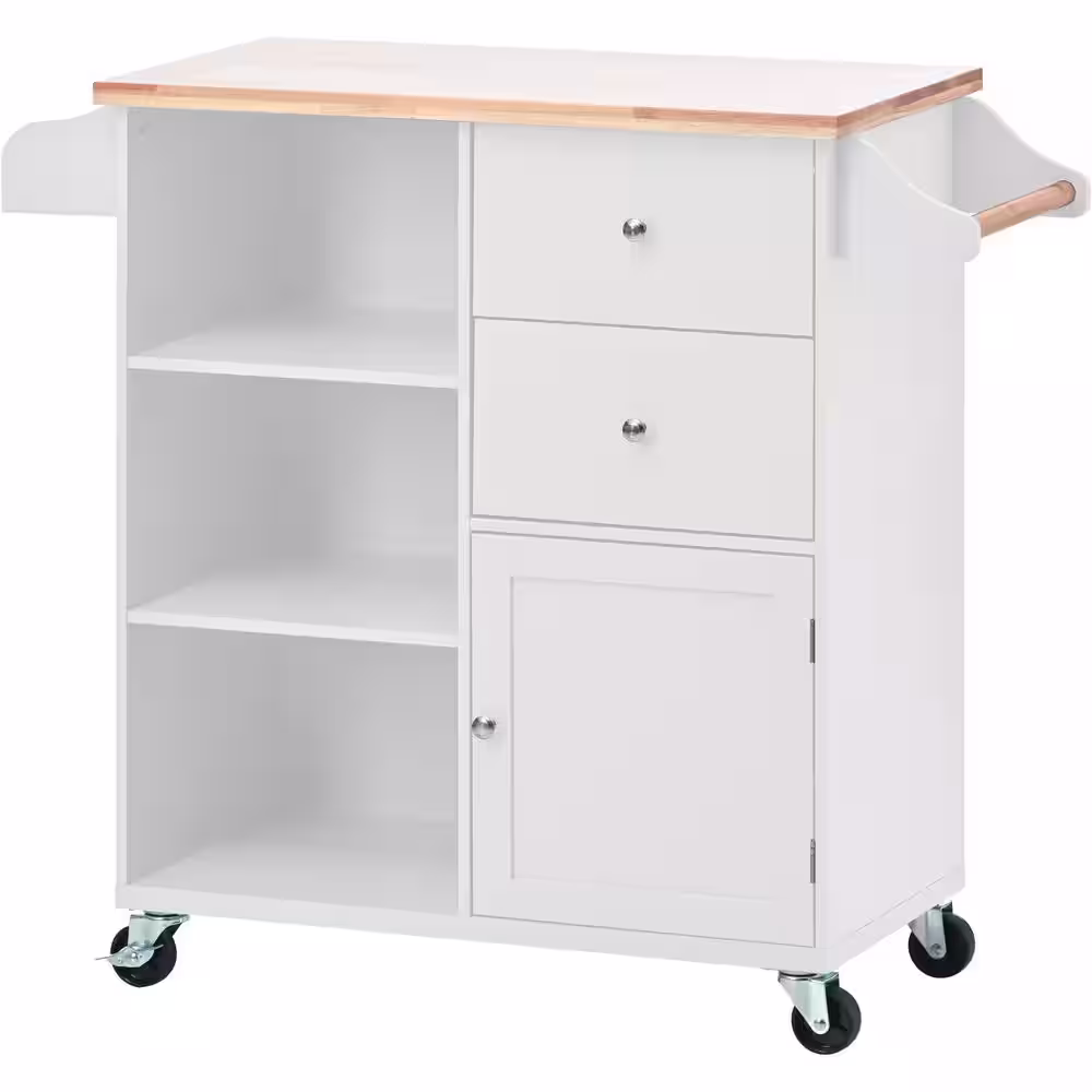 Solid Wood Top 41.34 in. White Kitchen Island Cart on 4 Wheels with 2 Drawers and 3 Open