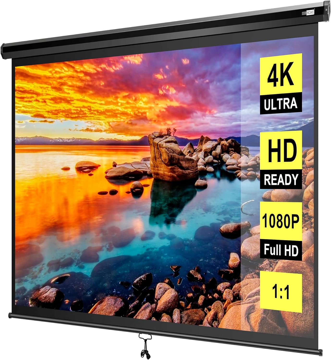 120 Inch Manual Pull Down Projector Screen 1:1 HD Retractable Widescreen for Movie Home Theater Cinema Office Video