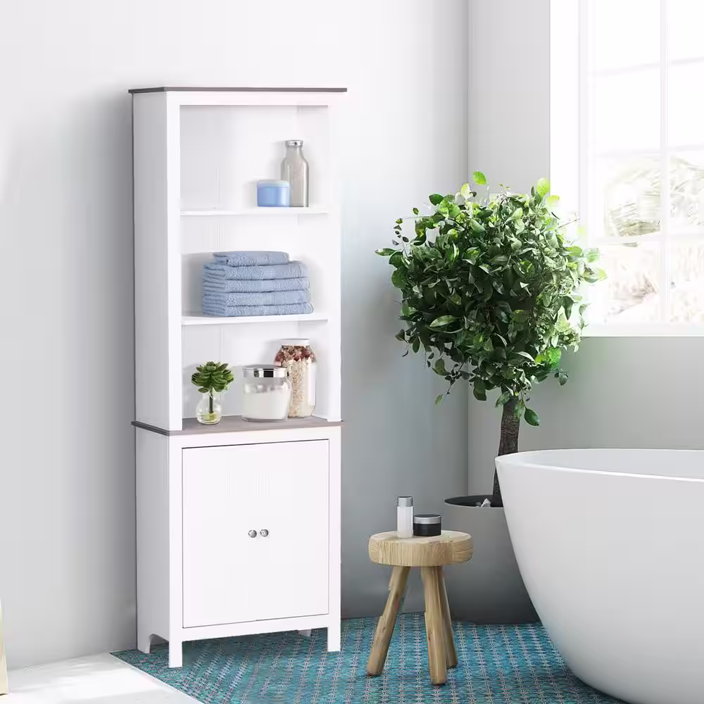 White Storage Cabinet Bathroom Linen Tower Kitchen Cupboard Cabinet Bookcase with Double Door 3 Tier