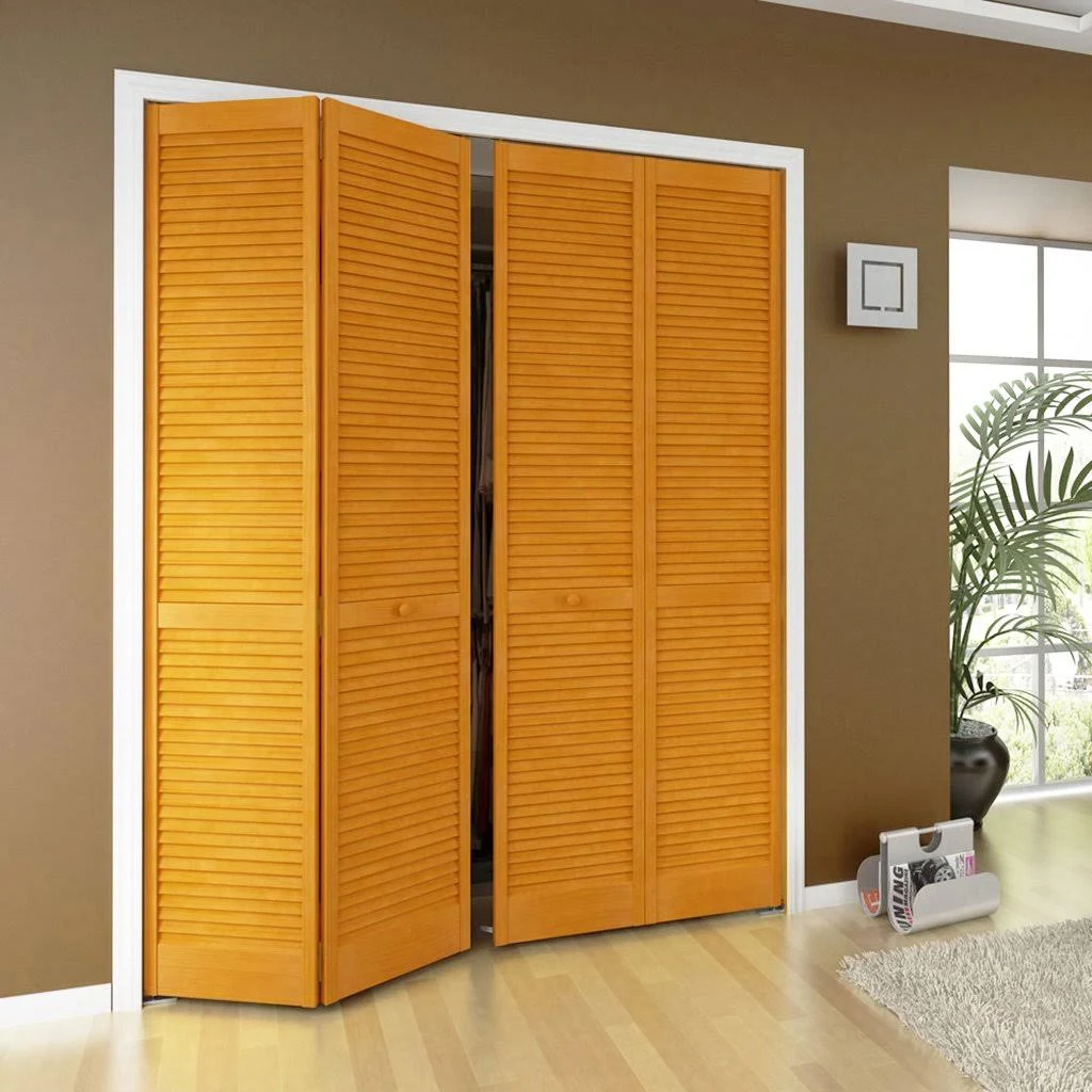 Bay 30 in. x 80 in. Traditional Louver Golden Oak Solid Core Wood Bi Fold