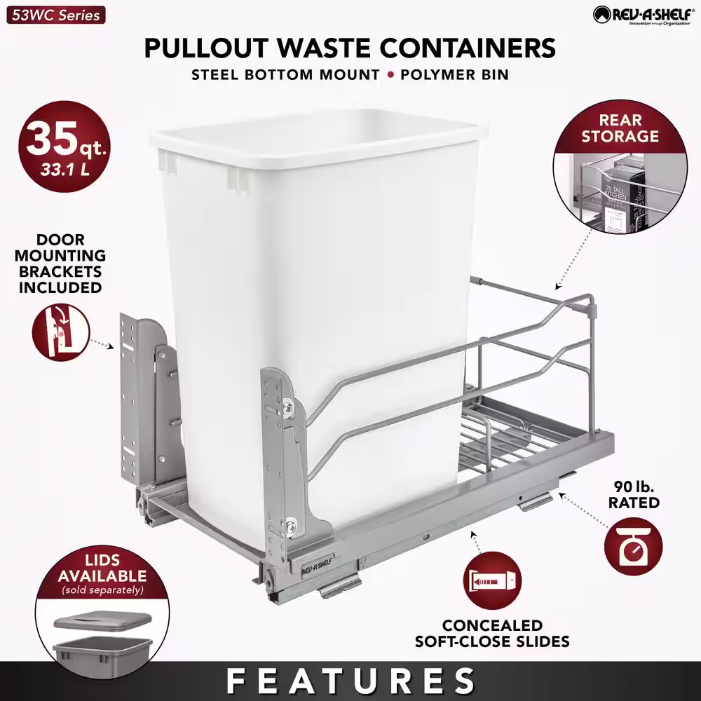 18.9375 in. H x 10.875 in. W x 22.25 in. D Single 35 Qt. Pull Out Silver Waste Container with Soft Close