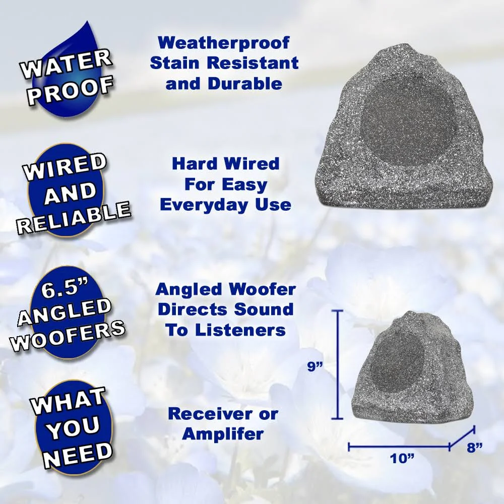 Solutions 4R6G Outdoor Granite 6.5x22 Rock 4 Speaker Set with Wire for Yard Pool Spa Patio