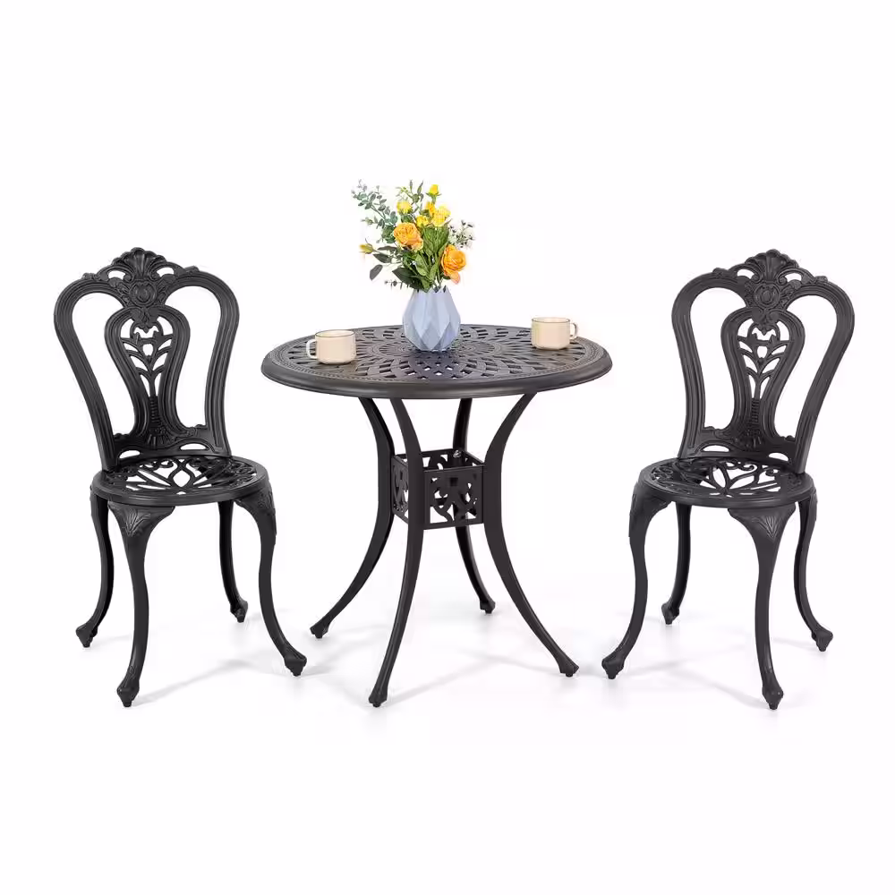 Garden Black 3 Piece Cast Aluminum Outdoor Bistro Set 2 Patio Chairs and 31 in. Round Bistro Table with Ice Bucket