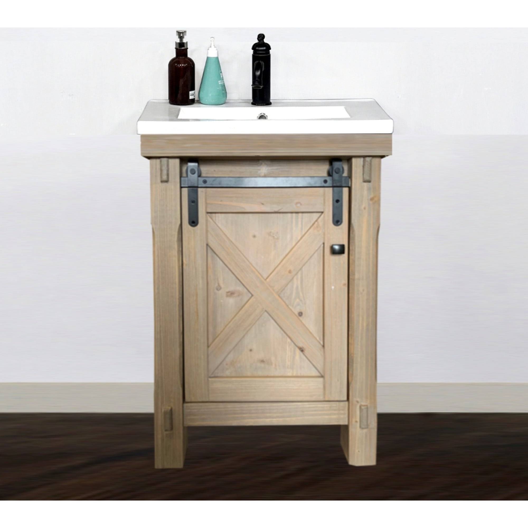 WK8524 24 in. Rustic Solid Fir Barn Door Style Vanity with Ceramic Single Sink Driftwood No Faucet 24 x 34 x