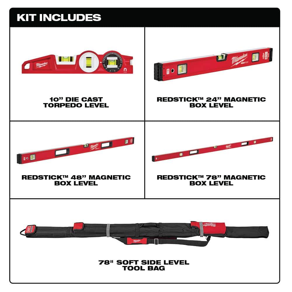 10 in. /24 in. /48 in. /78 in. REDSTICK Magnetic Box and Torpedo Level Set