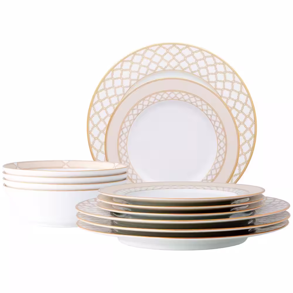 12 Piece Gold White Eternal Palace Porcelain Dinnerware Set (Service for