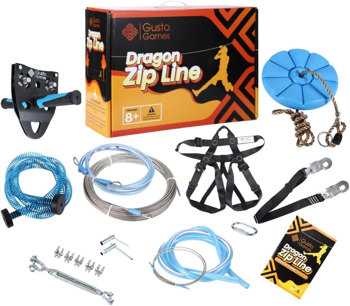Games Zipline Kit for Backyard for Kids and Adults 110ft Cable with Harness for Extra