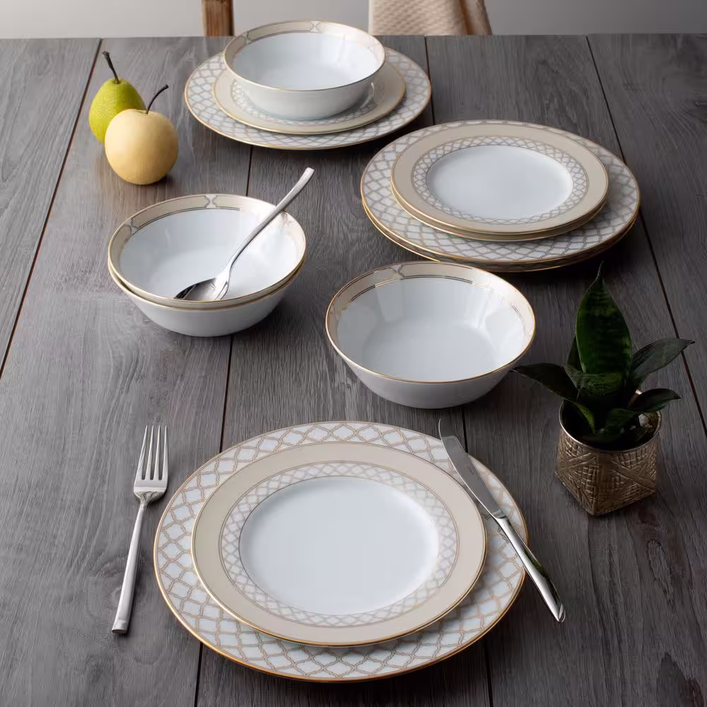 12 Piece Gold White Eternal Palace Porcelain Dinnerware Set (Service for