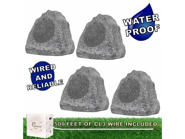 Solutions 4R6G Outdoor Granite 6.5x22 Rock 4 Speaker Set with Wire for Yard Pool Spa Patio