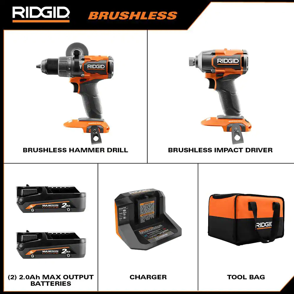 18V Brushless Cordless 2 Tool Combo Kit with Drill/Driver Impact Driver (2) Batteries 18V Charger and Tool