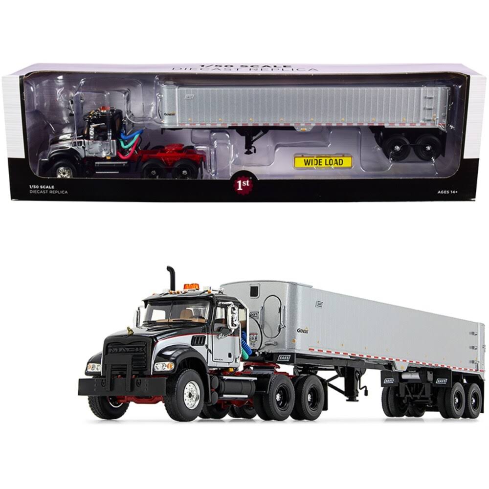 Gear Mack Granite Mp Tandem Axle Day Cab with East Genesis End Dump Trailer Black and Silver 1/50 Diecast