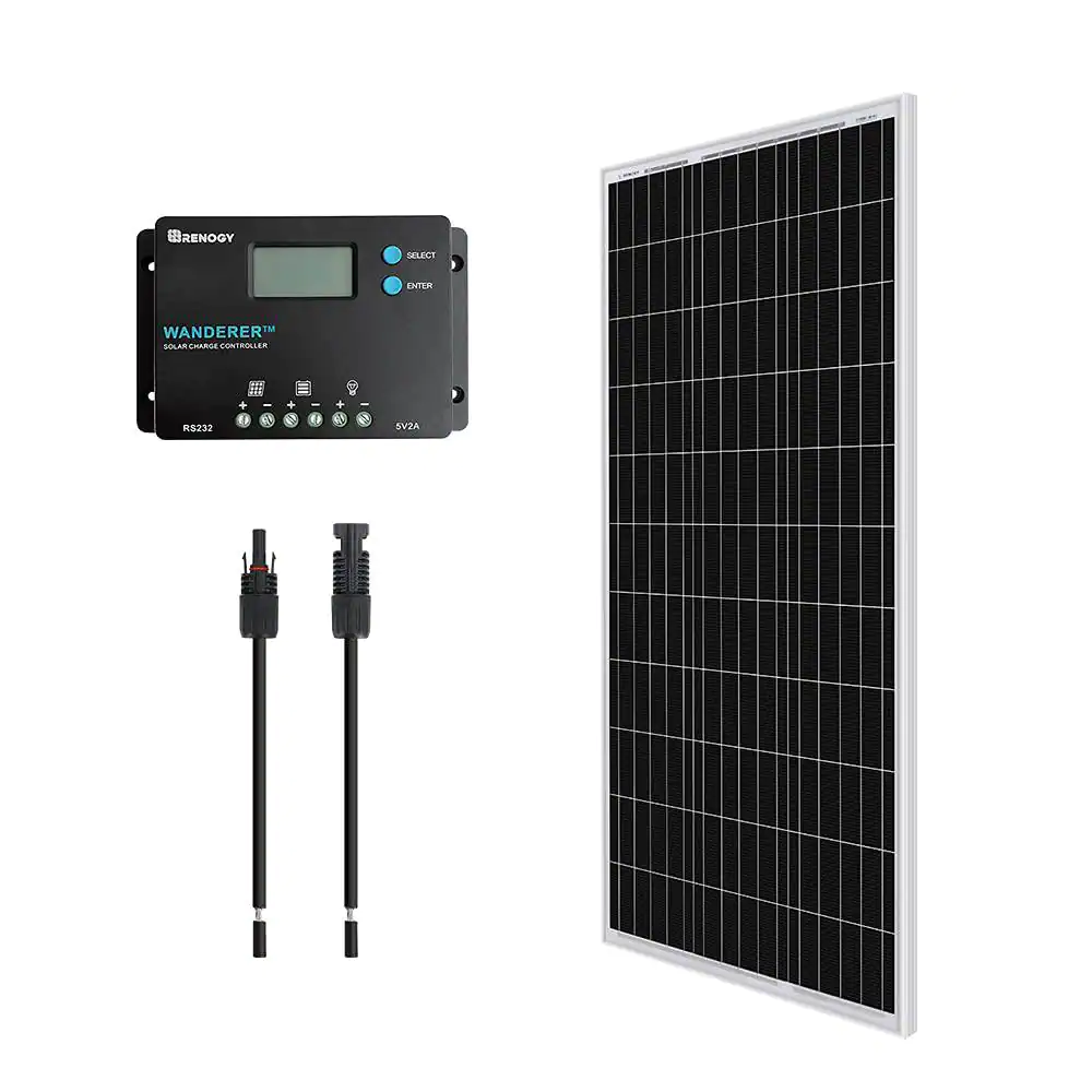 12V 100 Watt Monocrystalline Bundle Kit Solar Panel with Wanderer 10 Amp Charge