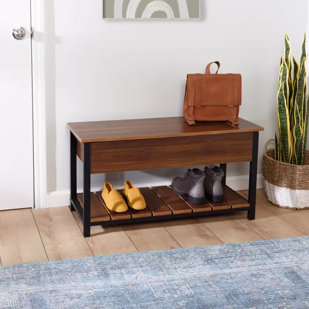 18 in. H x 35.43 in. W Walnut Entryway Particle Board and Steel Shoe Storage