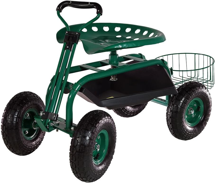 Garden Cart Rolling Scooter with Extendable Steer Handle Swivel Seat Utility Tool Tray