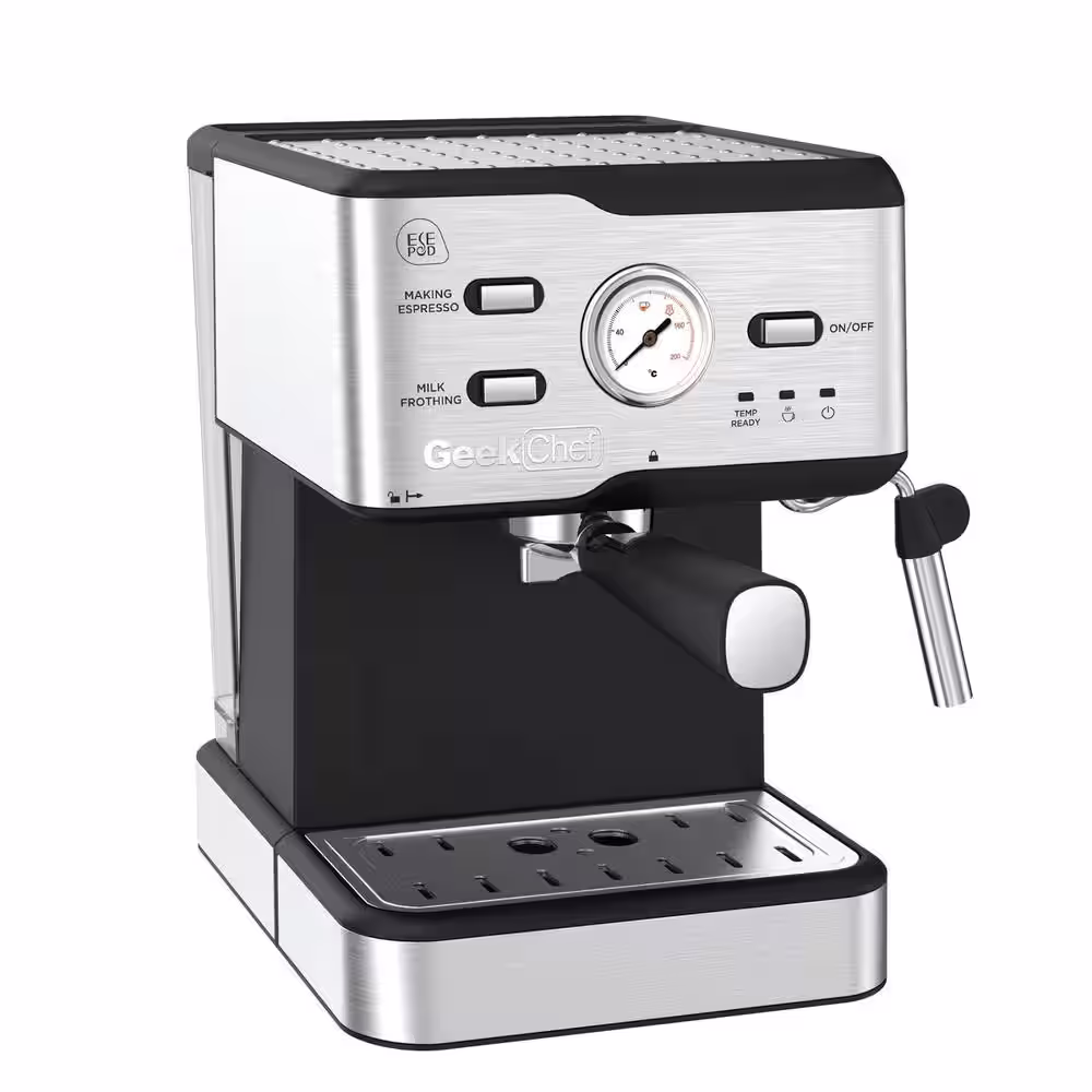 Silver 20 Bar Espresso Machine Coffee Maker with ESE POD Filter Milk Frother Steam Wand Thermometer Water