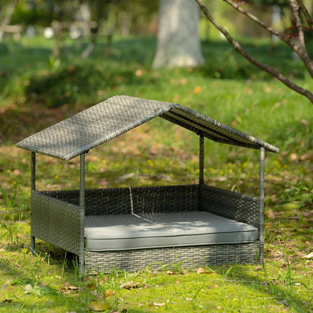 Gray Medium Outdoor Furniture Pet Patio Furniture Seasonal PE Wicker Pet Furniture Dog Bed with