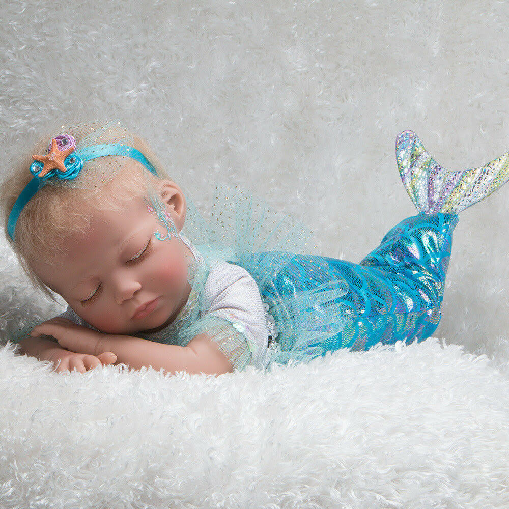 Galleries Mystic Mermaid Doll 20 inch Reborn Baby Girl Blonde Mohair Actual Tail w/ Doll Armature 4 Piece