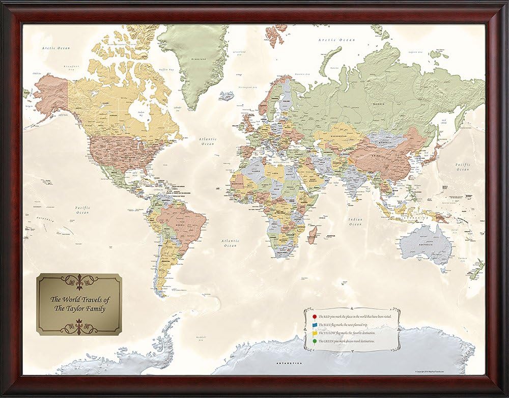 Your Travels Deluxe Push Pin World Map Premium Wood Frame Personalized Gift Map Handmade in Minnesota 34 x