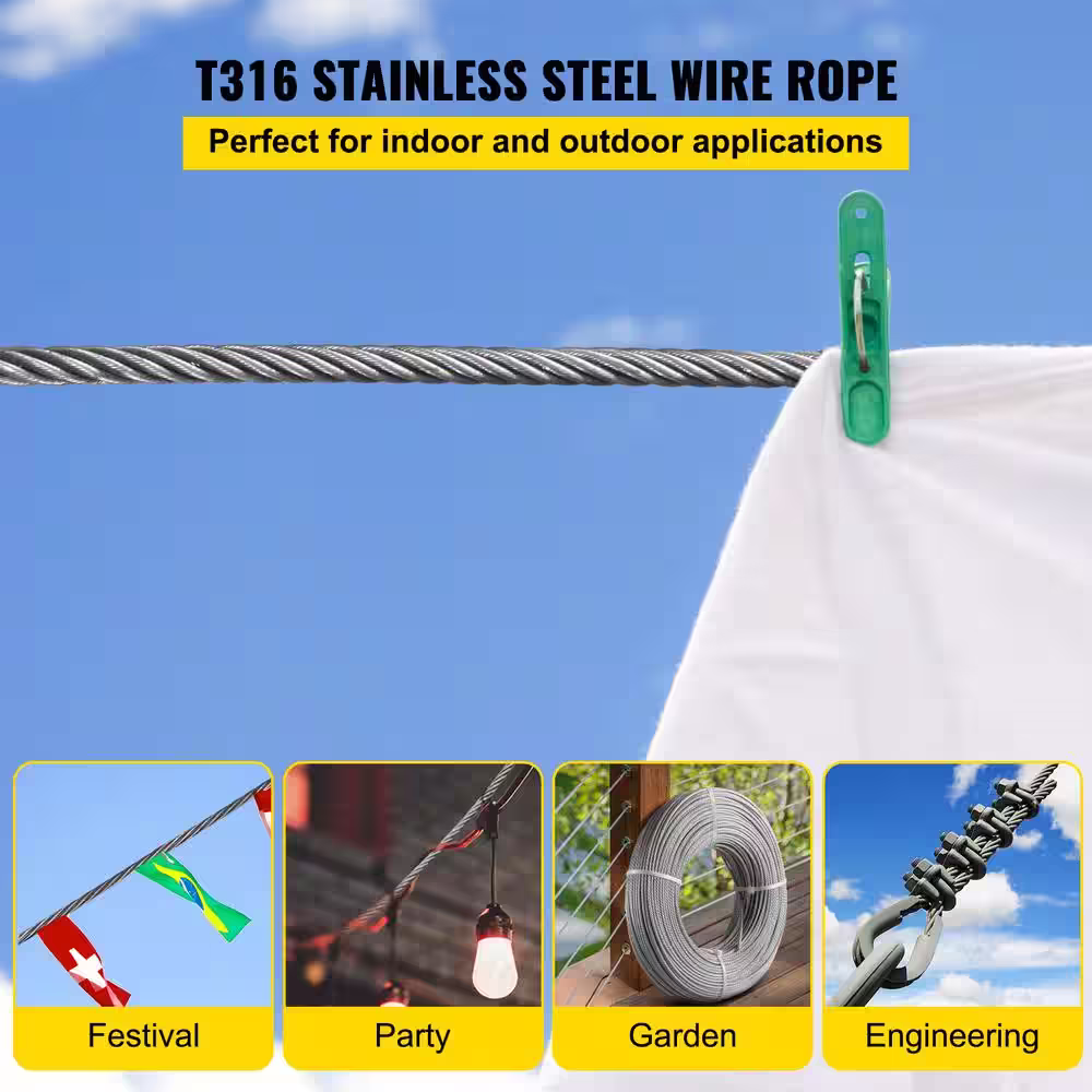1000 ft. x 1/8 in. Cable Railing Kit 2100 lbs. Loading T316 Stainless Steel Wire Rope with 1x19 Strands for Deck